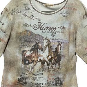 Vintage Western Graphic 3/4 Tee Rhinestone Horse Rodeo Top Cowgirl Shirt XXL